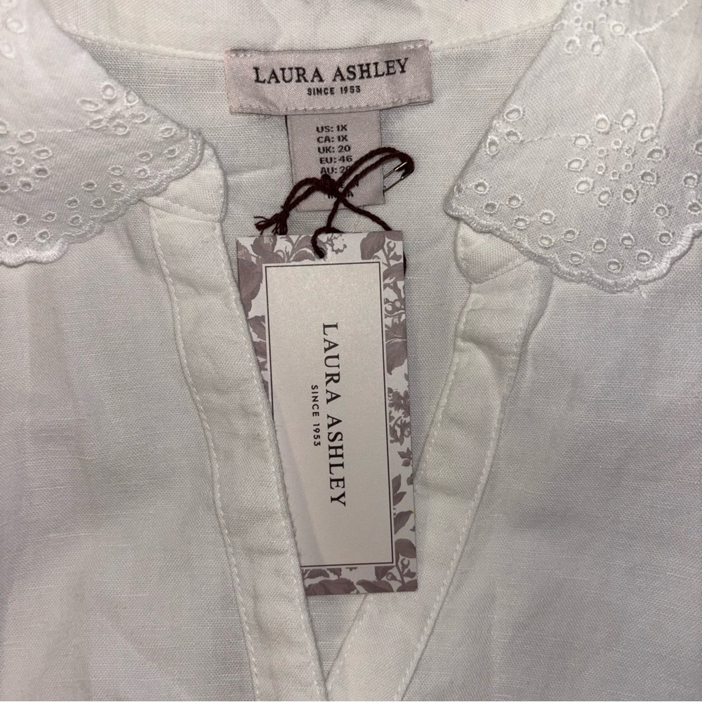Laura Ashley Blouse Linen Cotton Blend Button Front Long Sleeve Eyelet Collar 1X - Picture 12 of 13